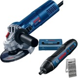 Bosch GWS 9-125 + GO - Polizor unghiular cu fir 900 W 125 mm + Masina de insurubat cu 1 acumulator Li-Ion 3.6 V 1.5 Ah 5 Nm valiza speciala accesorii