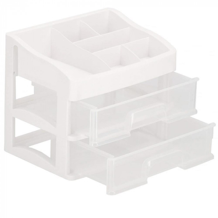 Organizator cosmetice, plastic, 3 niveluri, 2 sertare, alb, 20x16.5x23 cm, Springos