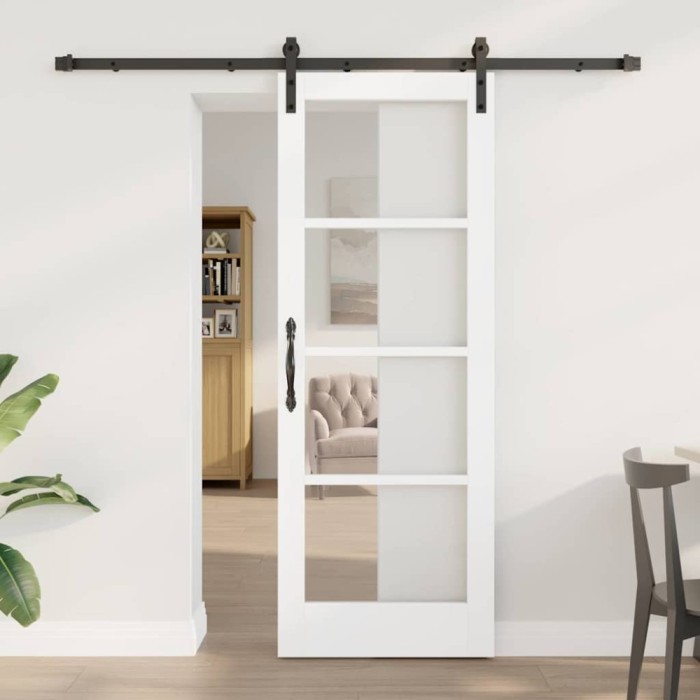 Ușă Glisantă cu Set de Accesorii &quot;ORKDAL&quot; Alb Lemn Solid &amp; Sticlă