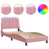 Cadru de pat cu LED fara saltea, Hanko, roz, 90x200 cm, catifea