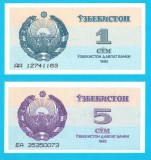 Uzbekistan SET 2x (p#61+63) 1+5 Som 1992 UNC 'Prima emisie de Som'; (ROG CITITI DETALIILE!)