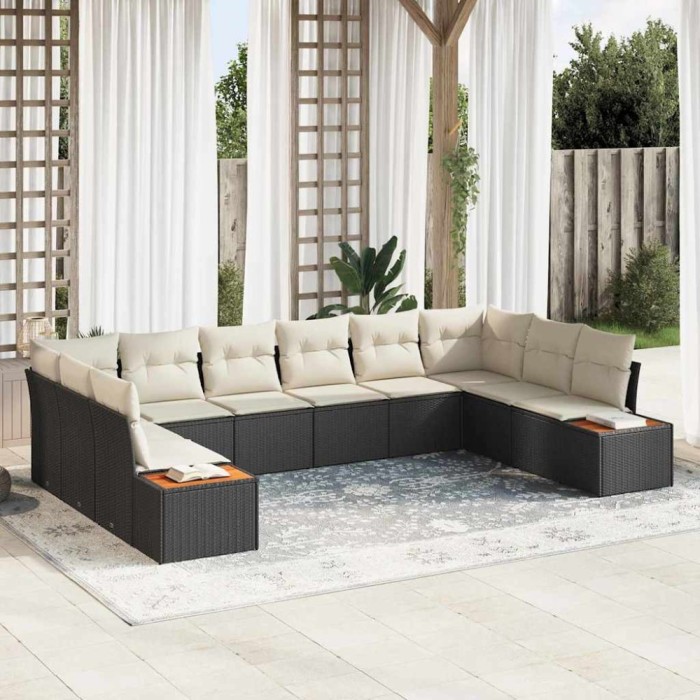 vidaXL Set de canapele pentru grădină cu pernă 10 pcs negru și crem 3356842