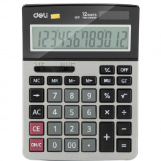 Calculator de Birou Deli Core 12 Digits, Gri, Dual Power, Alimentare Baterie AAA, Suprafata Metalica, Calculator Birou 12 Digits, Calculator Birou cu