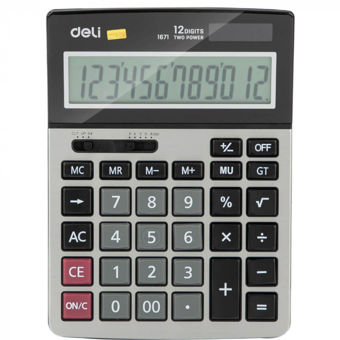 Calculator de Birou Deli Core 12 Digits, Gri, Dual Power, Alimentare Baterie AAA, Suprafata Metalica, Calculator Birou 12 Digits, Calculator Birou cu