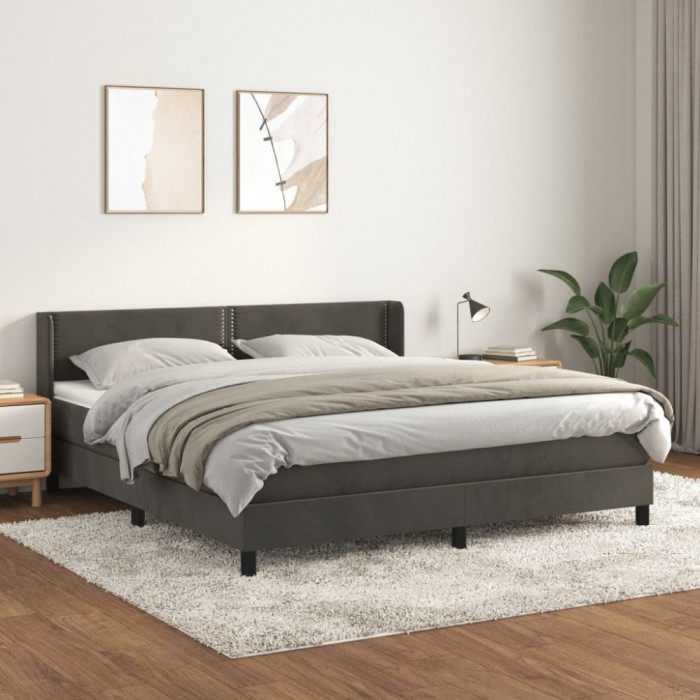 vidaXL Pat box spring cu saltea, gri &icirc;nchis, 160x200 cm, catifea