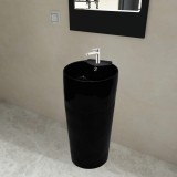 Chiuvetă ceramică baie cu suport, gaură robinet/preaplin, rotund, negru, vidaXL