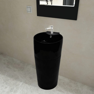 Chiuvetă ceramică baie cu suport, gaură robinet/preaplin, rotund, negru foto