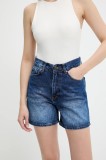 Answear Lab pantaloni scurti jeans culoarea albastru marin, neted, high waist