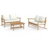 Set mobilier de gradina, cu perne alb crem, 3 piese, bambus