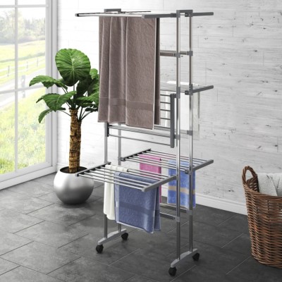 Gossi suport uscare rufe, 3 niveluri, cu roti, argintiu, 60x70x129 cm foto