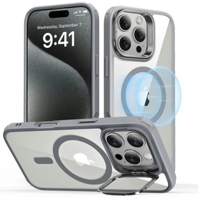 Husa pentru iPhone 16 Pro - ESR Classic Hybrid HaloLock Kickstand - Grey Clear foto