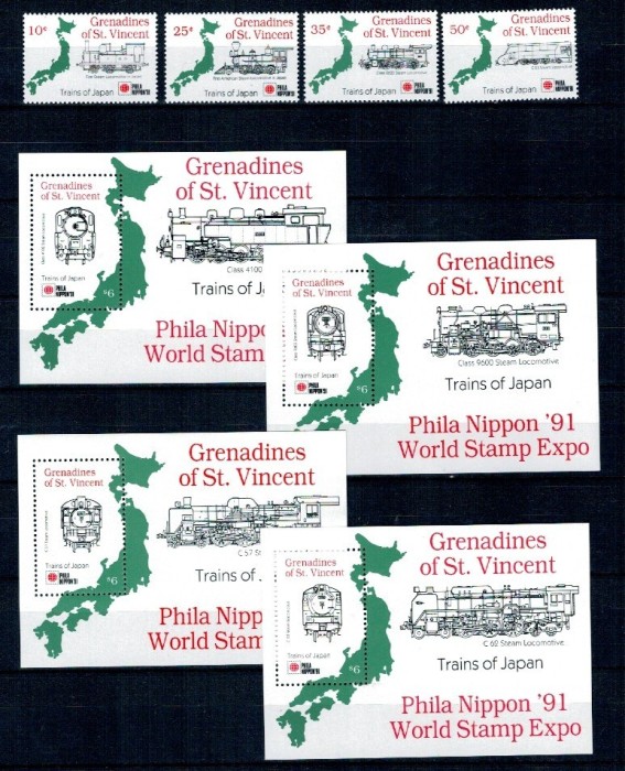 Grenada Grenadines of St. Vincent 1991 - Locomotive, serie incompleta si colite neuzate