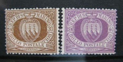 San Marino 1877 National coat of arms, 30c brown, 40c violet, MNG AM.079 foto