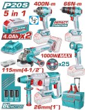 TOTAL - SET 5 UNELTE - 20V - CU 2 ACUMULATORI 4.0Ah SI INCARCATOR (INDUSTRIAL) PowerTool TopQuality