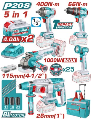 TOTAL - SET 5 UNELTE - 20V - CU 2 ACUMULATORI 4.0Ah SI INCARCATOR (INDUSTRIAL) PowerTool TopQuality foto