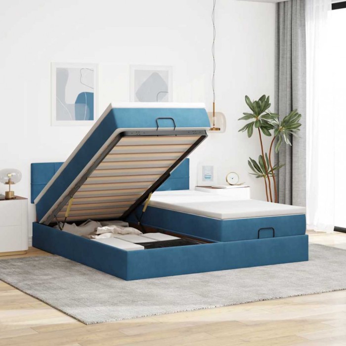 vidaXL Cadru pat otoman cu saltele Albastru &icirc;nchis 180x200cm catifea 3312927