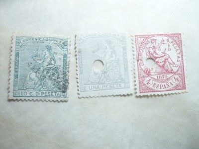 3 Timbre Spania 1873 10c si 1 peseta si 1874 4peseta stampilate foto