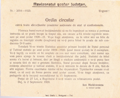 AMS - ORDIN CIRCULAR REVIZORATUL SCOLAR JUDETEAN 1920 foto