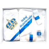 Trusou Botez, 6 Piese cu Text Imprimat &quot;Cu drag din partea nasilor&quot;, Albastru, Coroana - TB171