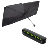 Cumpara ieftin Set Universal Parasolar Auto Pliabil, pentru Masina, in Forma de Umbrela, Negru-Argintiu, 145 x 79 cm, Suport numar de telefon pentru parcare, Oem