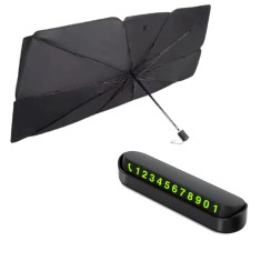 Set Universal Parasolar Auto Pliabil, pentru Masina, in Forma de Umbrela, Negru-Argintiu, 145 x 79 cm, Suport numar de telefon pentru parcare