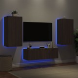 Comode TV de perete cu lumini LED, 3 piese, stejar maro