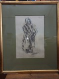 Pictor HENRI H. CATARGI - DESEN IN CREION + CARTE DE VIZITA CU INSEMNARE OLGRAFA, Scene gen, Carbune, Realism