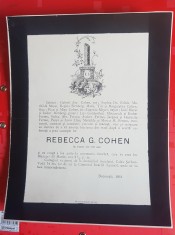 G470-I-Act deces evreiesc vechi Bucuresti Romania 1911-Rebecca G. Cohen cu Epitaf deosebitsi luare de ramas bin din partea celor dragi.