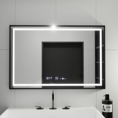 Oglinda LED Rectangulara, 100x80cm, Verite Majeste Noir MotionGlow Marcello, Sistem Dezaburire, Ceas &amp;amp; Termometru, Dimabila ModernLight Concept foto
