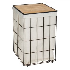 Coș pentru Rufe, Model Metalic, Capac din Bambus, Culoare Bej, Dimensiuni 40x30x60cm, Capacitate 72L
