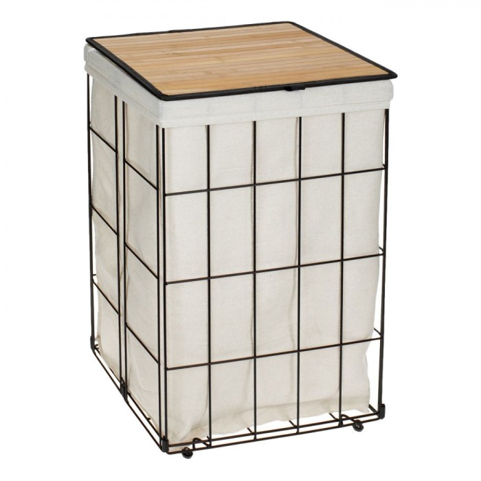 Coș pentru Rufe, Model Metalic, Capac din Bambus, Culoare Bej, Dimensiuni 40x30x60cm, Capacitate 72L