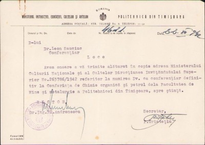 A374 Lot de 8 documente emise de Politehnica din Timișoara &amp;icirc;ntre anii 1929-1946 cu numiri &amp;icirc;n diferite funcții ale viitorului profesor Leon Sauciuc foto