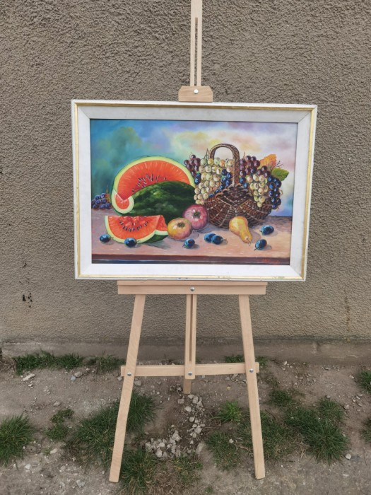 Tablou vechi pictata &quot;Cosul cu fructe&quot;. Pepene, sctruguri.