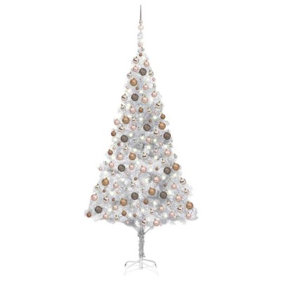 vidaXL Brad Crăciun pre-iluminat cu set globuri, argintiu, 210 cm, PET 3077611 foto