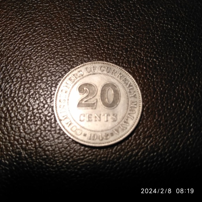 -Y- MONEDA MALAYA 20 CENTS 1948 ( GEORGE VI ) XF +