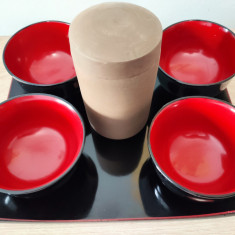 Lot obiecte vintage, Japonia, tava+boluri din bambus si recipient ceai ceramica