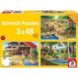 Puzzle Schmidt: Animalele mele favorite, set de 3 puzzle-uri x 48 piese + cadou: poster