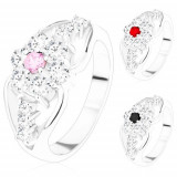 Inel cu floare din zirconiu şi braţe despicate, trei zirconii transparente - Marime inel: 52, Culoare: Roz