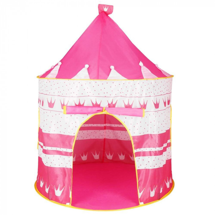 Cort de joaca pentru copii, Springos, tip castel, cu husa, model buline si coronite, roz, 100x140 cm