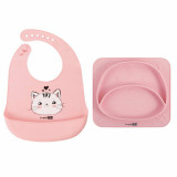 Cumpara ieftin Set de hranire, FreeON, Cu 2 piese, Farfurie compartimentata din silicon fara BPA si baveta moale, Din silicon, BPA Free, Cu buzunar, Cat Pink/Teddy B