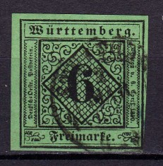 ✅ (S44) Germania veche - Wurttemberg 1851 &quot;Cifra in romb&quot; , Michel nr. 3 / verde-albastrui cota 40 Euro , stampilat