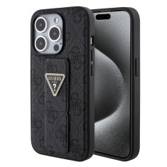 Husa iPhone 15 Pro Max originala Guess Grip Stand 4G Triangle Strass, negru, GUHCP15XPGS4TDK foto
