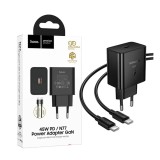 Incarcator Retea HOCO N77 GaN 45W (PD QC 3.0) + Cablu USB-C (1m), Negru