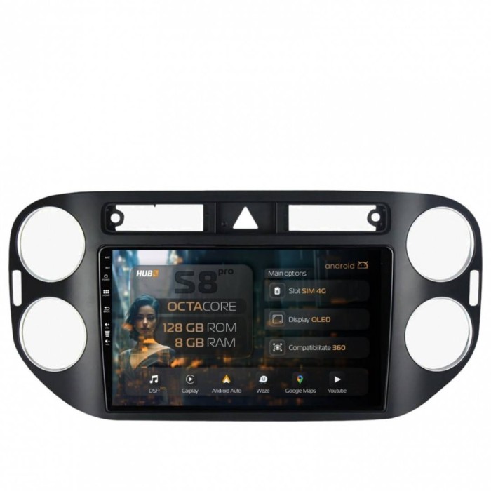 Navigatie Volkswagen Tiguan (2008-2010) 8GB RAM Android 13 Octacore Slot Sim 4G DSP GPS Wi-FI Carplay Android Auto USB Bluetooth Waze Touchscreen 9 In