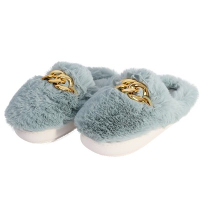 Papuci de Casa Femei - PufosI cu Catarama Aurie, Marime 38-39, Vernil foto