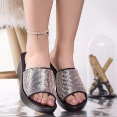 Papuci eleganti pemota argintiu glitter, 36
