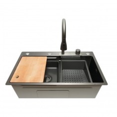 Chiuveta bucatarie multifunctionala din otel inoxidabil cu functie cascada, scurgator, tava, tocator si accesorii incluse, dimensiune 75x46x22cm