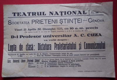 Afiș Conferință A. C. CUZA : DICTATURA PROLETARIATULUI ȘI COMUNISMULUI - 1926 foto