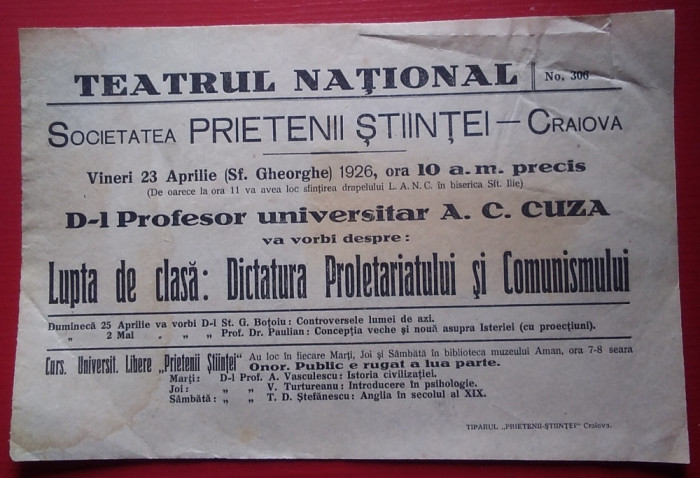 Afiș Conferință A. C. CUZA : DICTATURA PROLETARIATULUI ȘI COMUNISMULUI - 1926