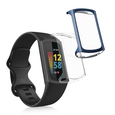 Set 2 Huse Kwmobile pentru Fitbit Charge 6/Charge 5, Transparent/Albastru inchis, Silicon, KWM0000144U006C foto